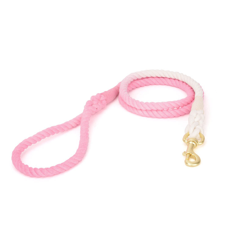 Pet Gradient Cotton Rope Leather Dog Collar Leash Traction Rope