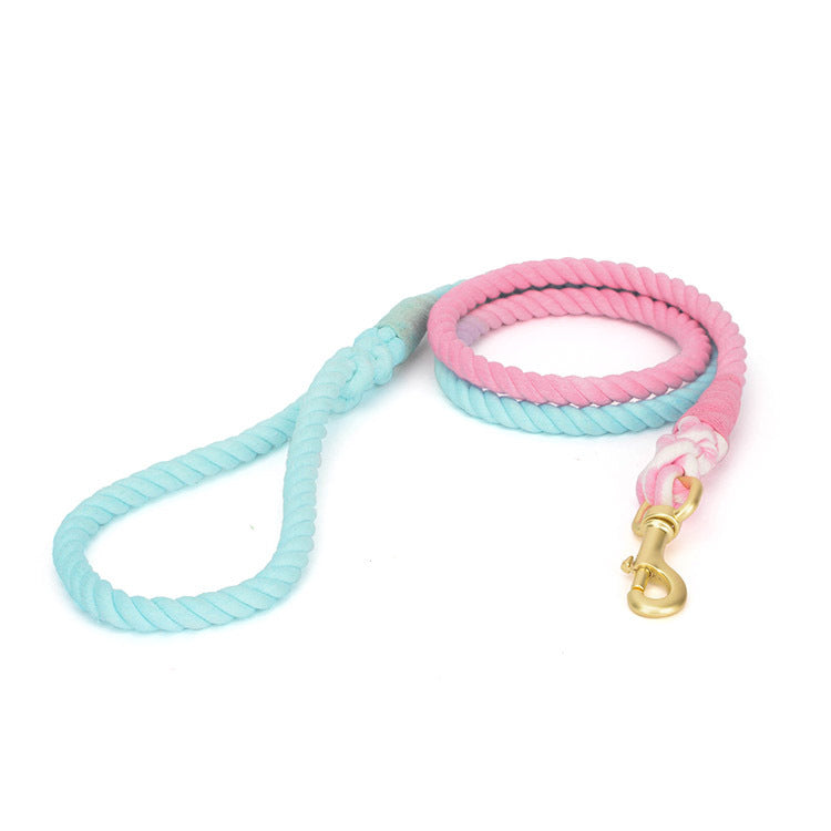 Pet Gradient Cotton Rope Leather Dog Collar Leash Traction Rope