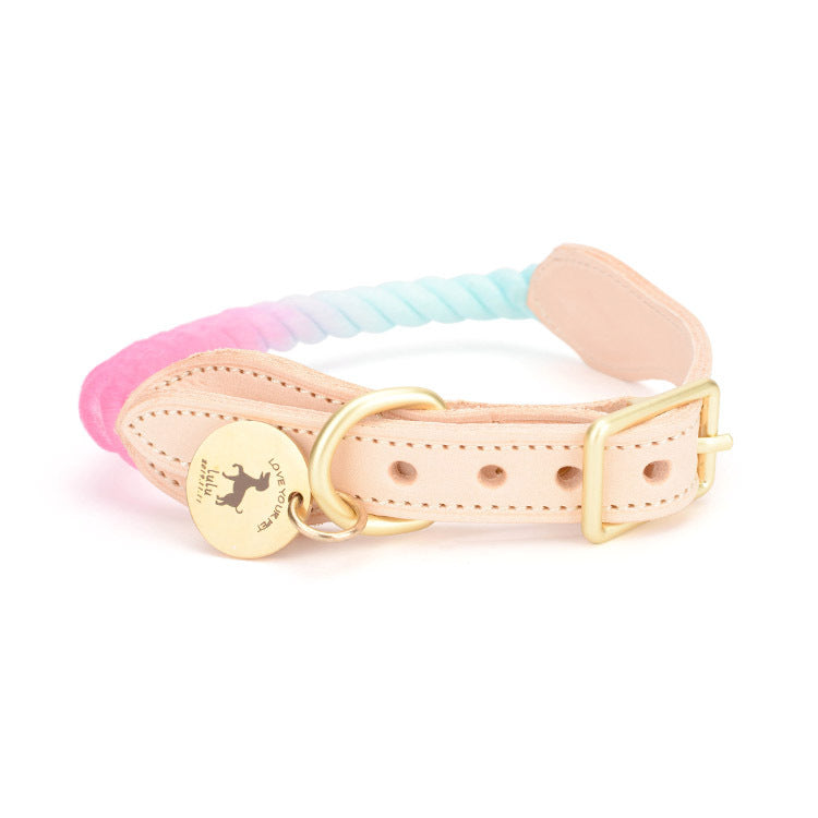 Pet Gradient Cotton Rope Leather Dog Collar Leash Traction Rope