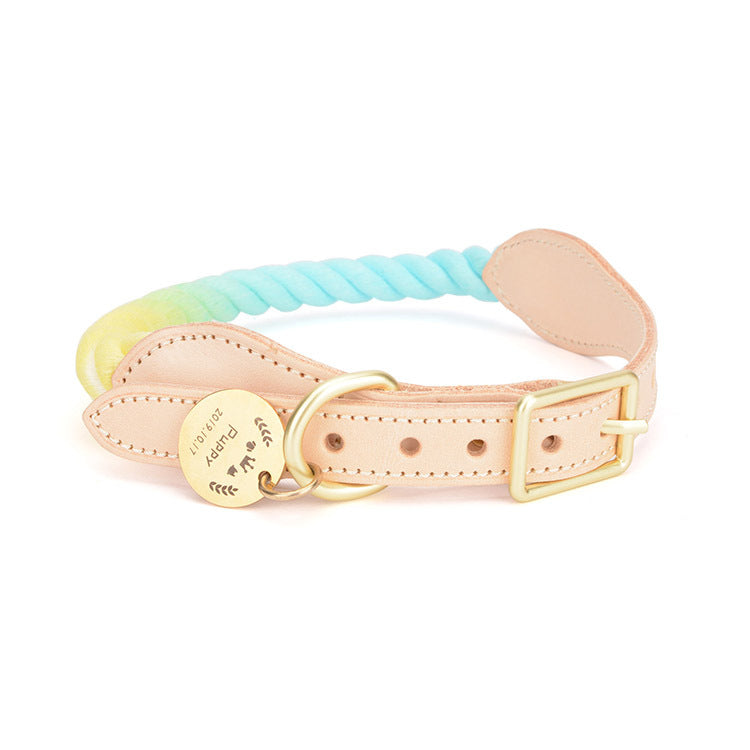 Pet Gradient Cotton Rope Leather Dog Collar Leash Traction Rope