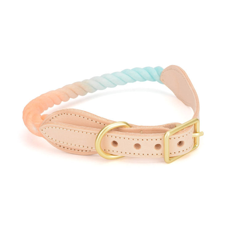 Pet Gradient Cotton Rope Leather Dog Collar Leash Traction Rope