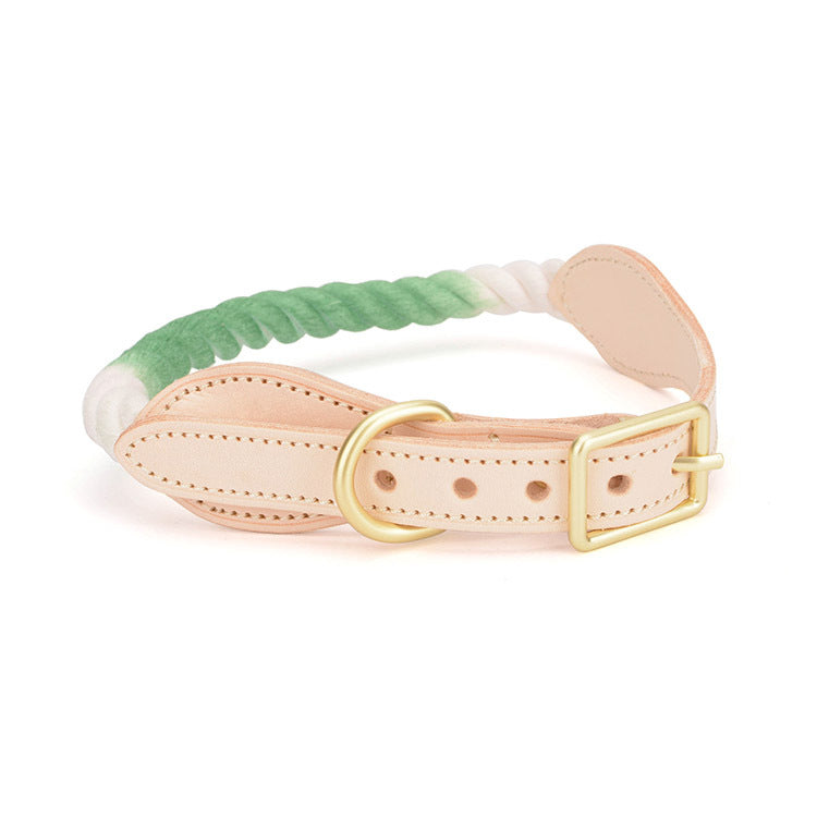Pet Gradient Cotton Rope Leather Dog Collar Leash Traction Rope