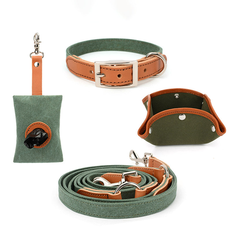 Pet Canvas Leather Dog Leash Collar Foldable Bowl and Pooper Bag Set