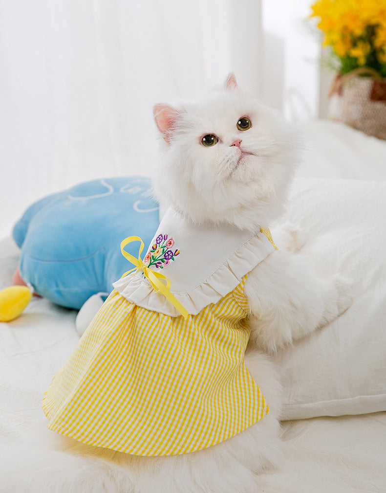 Summer Embroidered Plaid Pet Skirt Kitten Breathable Cat Skirt