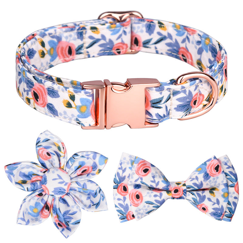 Floral Printed Cotton Dog Collar With Flower Bow Knot Decoration
